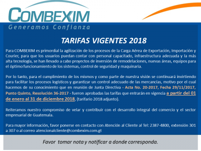 AVISO - Tarifas Vigentes 2018 -
